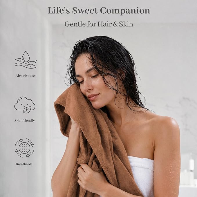 ROLSHOL Cotton Hair Towel Wrap for Women, 2 Pack 100% Cotton Hair Drying Towels for Long, Thick & Curly Hair, 32" x 11" Large Hair Turban for Wet Hair with Elastic Band (Dark Brown)