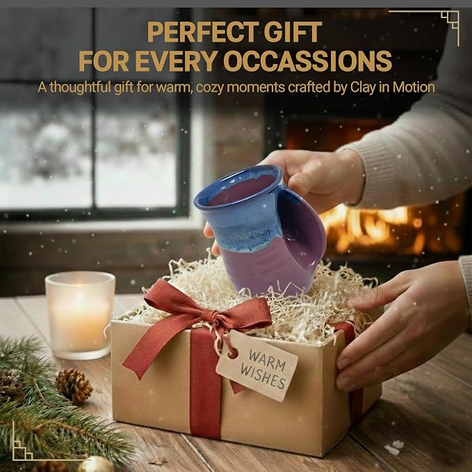 Clay in Motion Hand Warmer Coffee Mug – Handmade Coffee Mug With Comfortable Handle Contoured Pocket Hand Warming Ceramic Coffee Mug – Proudly Made in USA – Right Handed – 14 Oz - Purple Passion
