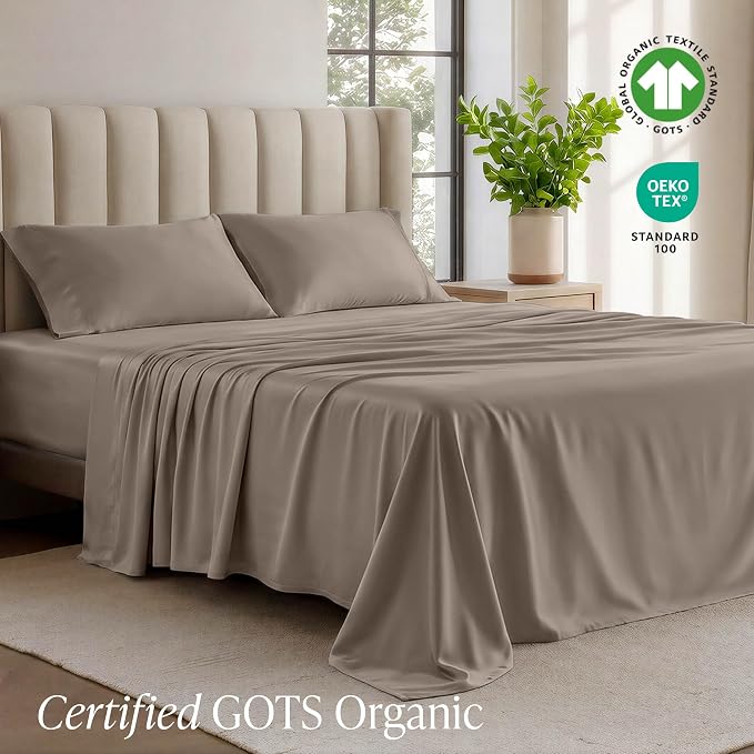 Bare Home 100% Organic Cotton T-Shirt Fabric Sheet Set, Ultra Soft, 100% Cotton Jersey - Sheet Set & Pillowcases - Deep Pocket Bed Sheets (Full, Taupe)