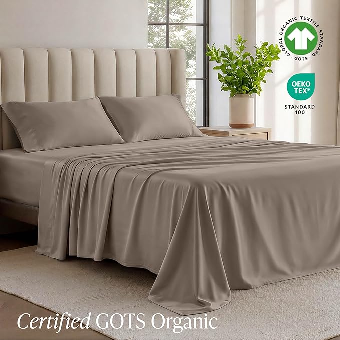 Bare Home 100% Organic Cotton T-Shirt Fabric Sheet Set, Ultra Soft, 100% Cotton Jersey - Sheet Set & Pillowcases - Deep Pocket Bed Sheets (Twin, Taupe)