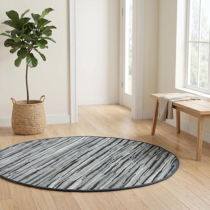 Cotton Hand Woven Chindi Area Rug 4 Feet Round - Charcoal, Reversible Large Durable Indoor Décor Carpet Ideal for Bedroom, Living Room, Nursery | Grey Soft Farmhouse Circle Floor Mat for Home Space