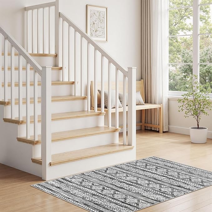 Tortania Area Rug Living Room Rugs - 2x3 Washable Soft Neutral Boho Moroccan Farmhouse Mat Indoor Floor Carpet for Bedroom Hallway Entryway Kitchen Home Office Decor - Black White