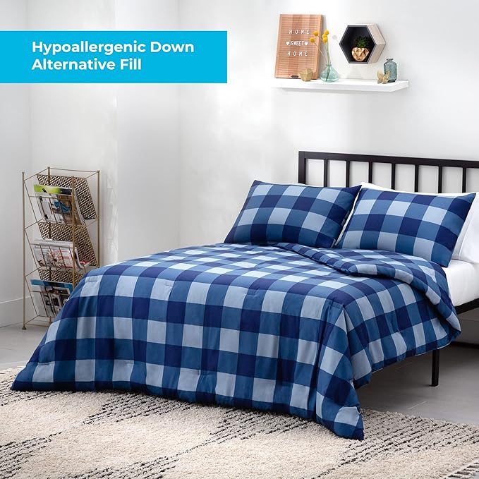 LINENSPA All Season Hypoallergenic Down Alternative Microfiber Comforter, Oversized King, White/Navy