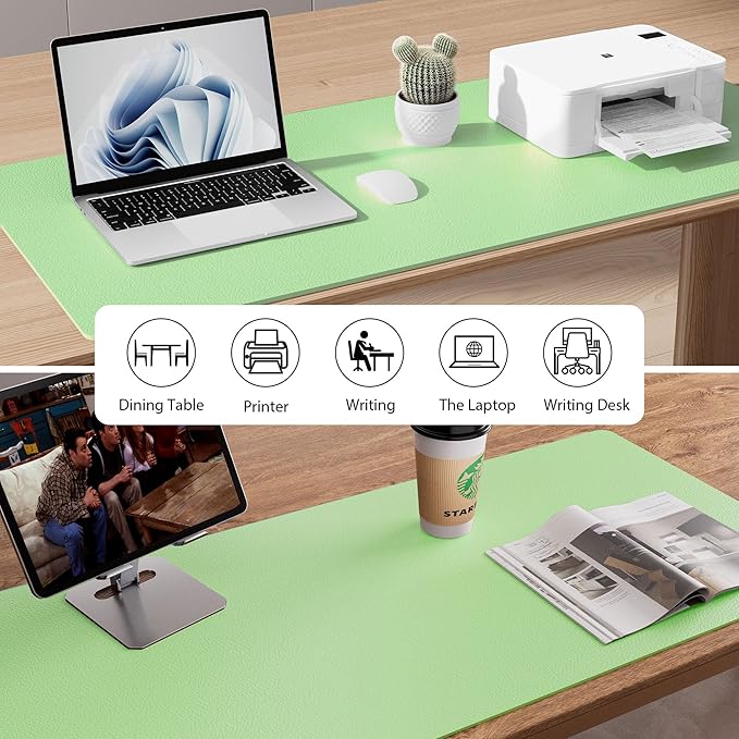 Aothia Faux Leather Desk Mat - Non-Slip PU Leather Desk Blotter, Waterproof Writing Surface, Large Desk Pad for Office & Home (Foam Green, 55" x 17")