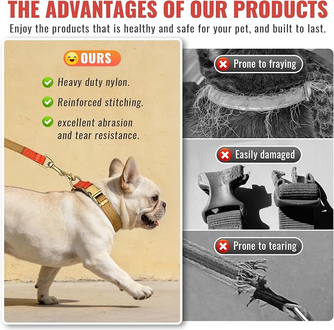 Dog Collar and Leash Set with Metal Quick Release Buckle, Adjustable, Breathable Nylon, Durable, Soft and Comfortable, No Pull for Walking and Training, Khaki, M (12.6"-19.6")