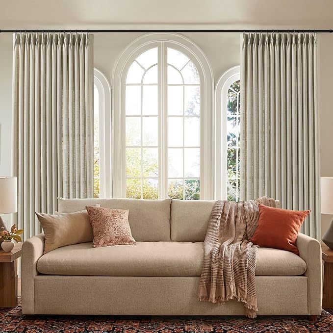 Pinch Pleated Linen Curtains 96 Inches Long for Living Room, Semi Sheer Light Filtering Memory Trained Pleated Curtain Back Tab Drapes for Farmhouse with Hooks Rings, Burlywood Birch, 2 Panels