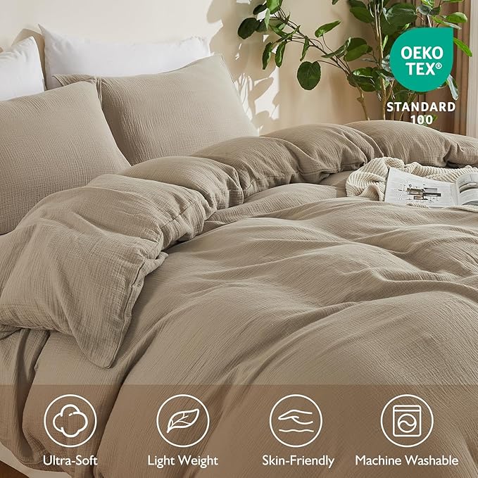EMME Muslin Cotton Duvet Cover Set Khaki Queen Size Linen Like Soft Breathable Lightweight Summer Comforter Cover Set with Zipper Closure (Khaki, Queen, 90"x90")