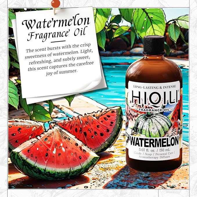 HIQILI Watermelon Fragrance Oil for Diffuser, Candle & Soap Making | DIY Fruity Perfume, Add to Bath Bombs, Long-Lasting Scented, Skin Care - 5.07 Fl Oz / 150 ML