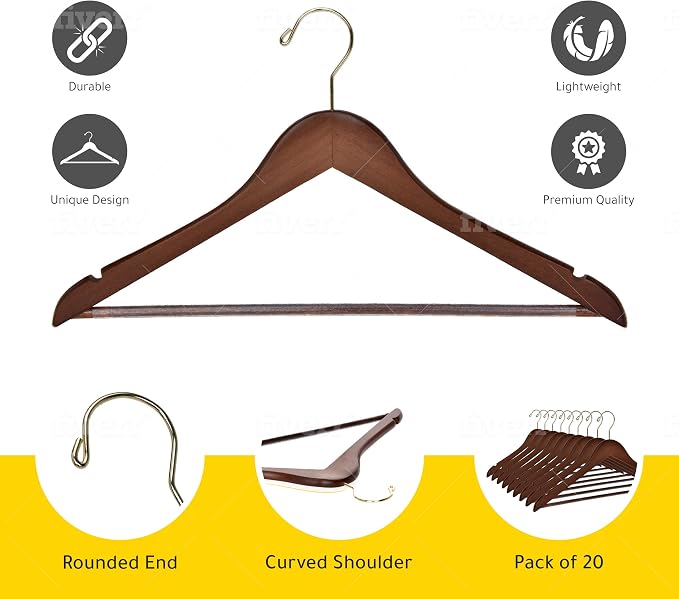 Quality Wooden Hangers - Slightly Curved, Solid Wood Coat Hangers with Stylish Chrome Hooks - Heavy-Duty, 30-Pack Sets for Clothes, Jackets, Shirts, Pants, Suits