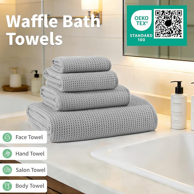 MICROFI Waffle Weave Bath Towel Set, Microfiber, 4 Pieces (Body/Hair/Hand/Face), Quick Dry, Lightweight, Super Absorbent, Lint Free, 380 GSM (Silver)