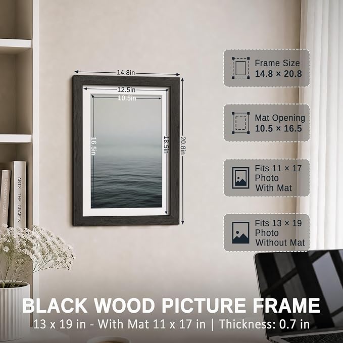 VCK 13x19 Picture Frames Black 3 Pack, Wide Border Solid Wood, Tempered Glass, Display 11x17 Photo with Mat or 13 x 19 without, for Home, Office, Gallery, Woodgrain Series, Wall Hanging