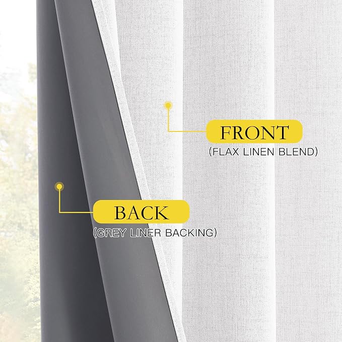 NICETOWN Linen 100% Blackout Nursery Curtains, Thermal Insulated & Noise Reducing Draperies with Grey Liner, Noise Reducing Short Drapes for Kids Room (52" W by 68" L, 2 Panels, Greyish White)