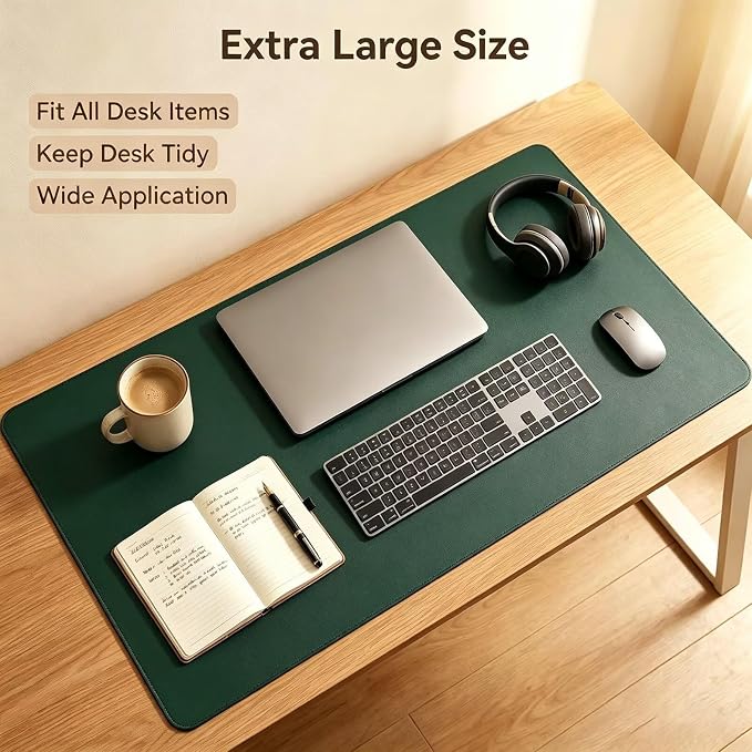 Dark Green Desk Mat, 17.5" x 22.5", PU Leather, Waterproof Anti-Slip, Cute Aesthetic Table Pad for Office/Home/Vanity Large