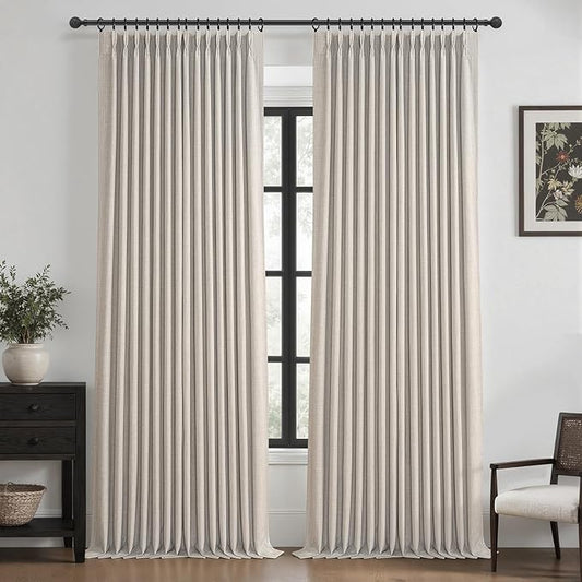 Greyish Beige Blackout Patio Sliding Door Curtains 92 Inches Long 2 Panels, Memory Shape Pinch Pleat 2 Layer Linen Thermal Energy Efficient Country Curtain with Ceiling Track Dorm Room Windows Drapes