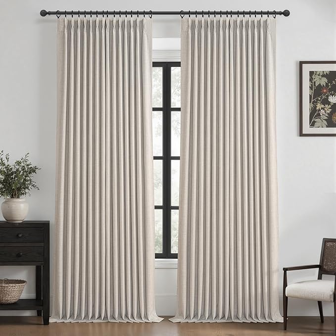 PleatedDrapes Double Layer Thick Linen Greyish Beige 96 Inch Curtains 2 Panels Set for Dining Room, Boho Memory Trained Pinch Pleated Blackout Thermal Office Windows Curtain & Drapes 8 FT Length Decor