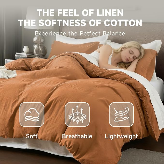 QKTE French Linen Duvet Cover Set, 3 PCS Natural French Flax Rust Duvet Cover King Size, Breathable Soft Comfy Linen Bedding Comforter Cover with 2 Pillowcases(Rust, 104" x 92")