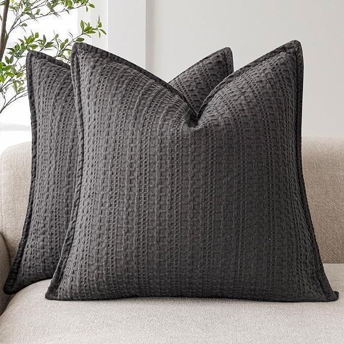 Foindtower Set of 2 Decorative Cotton Waffle Weave Throw Pillow Covers Euro Shams Cushion Covers Accent European Pillowcase for Bed Couch Sofa Bedroom Living Room Home Decor 22×22 Inch Dark Grey