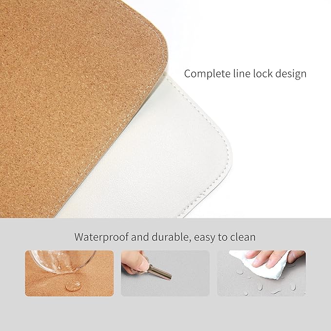 RENMTURE Dual-Sided Mouse Pad, Natural Cork & PU Leather Large Desk Pad for Office and Home Work, Desk Protector Non-Slip, Waterproof, Easy Clean (White, 32"x16")