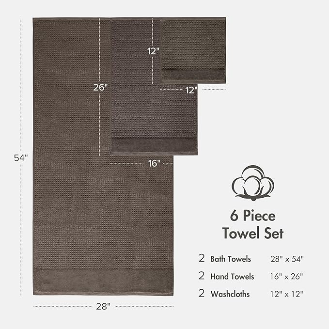 Madison Park Spa Waffle 100% Cotton Luxurious Towel Set, Premium Texture Waffle Weave, Highly Absorbent, Quick Dry, Hotel & Spa Quality Wash Clothes for Bathroom, Assorted Sizes, Charcoal 6 Piece