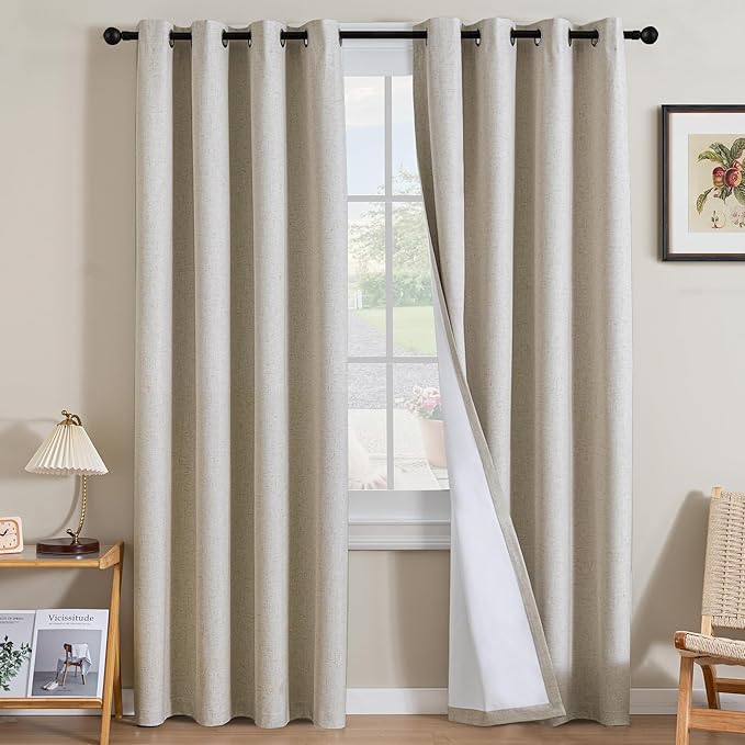H.VERSAILTEX Linen Curtains 100% Blackout Curtains for Bedroom 120 inch Long Full Light Blocking Nature Linen Blended Window Curtains for Living Room Nickel Grommet (2 Panels, Heathered Linen)