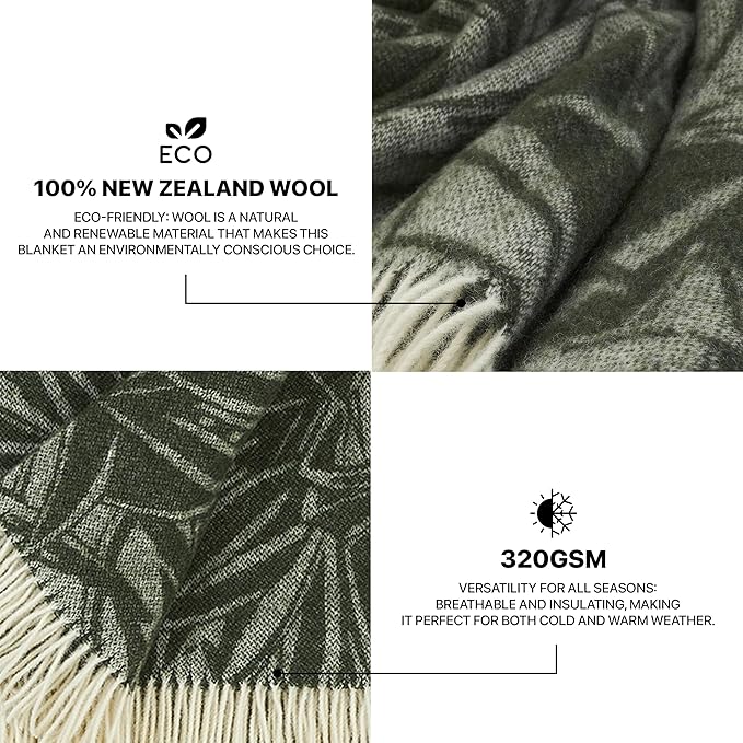 | Wool Blanket/Throw | 100% New Zealand Wool | Perfect for Home and Outdoors | Virgin Wool Blanket with Fringes 55"x79" (140 x 200 cm) (Emerald Leaves)