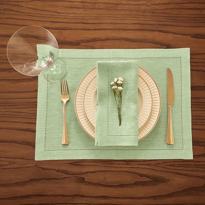 Solino Home Linen Placemats Set of 4 - Milan Hemstitch Pistachio Placemats 14 x 19 Inch - 100% Pure Linen Table Mats for Summer