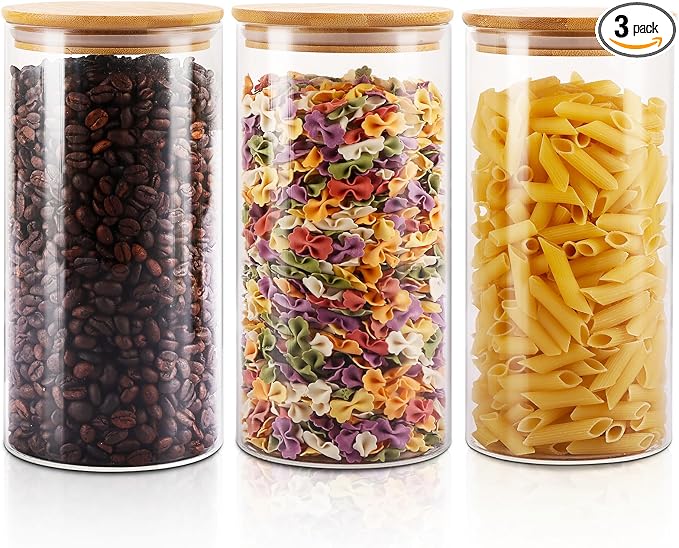 ABuff 3 Pack 44oz Glass Jars with Lids, Round Glass Storage Containers, Clear Food Storage Jars with Airtight Bamboo Lid for Dry Food Cereal Oat Sugar Tea Coffee Beans Sugar