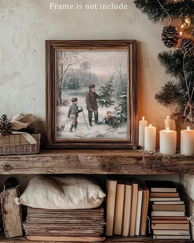 Vodefoad Vintage Christmas Wall Art Winter Landscape Painting Retro Xmas Antique Rustic Canvas Print Snowy Christmas Winter Print for Gallery Bedroom Bathroom - 8x10Inch Unframe