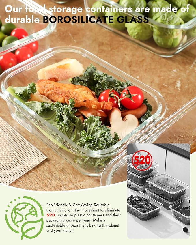 12-Pack Glass Containers with Tempered Lids – Borosilicate, Oven-Safe(-4°F~950°F), Airtight, BPA-Free, Multi-Size for Meal Prep, Dishwasher Safe, 1.6 cups to 6.4 cups (Gray)