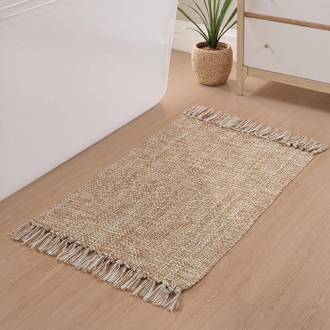 Collive Small Bathroom Rug, 2' x 3' Hand-Woven Low Profile Front Entryway Rug, Tan Cotton Reversible Washable Kitchen Mat Modern Farmhouse Carpet for Foyer Bedroom Back Door Decor