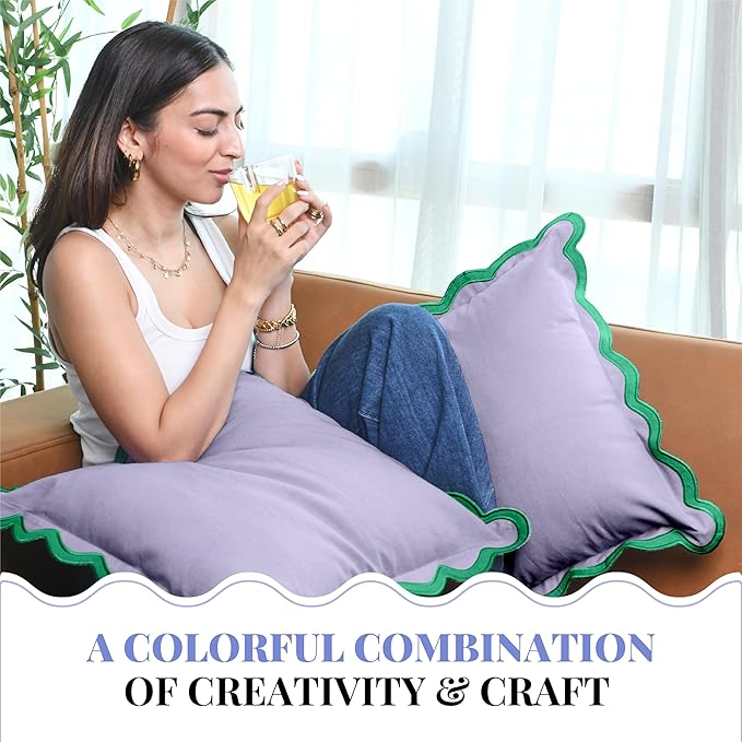 Folkulture Throw Pillow Covers | (18 x 18) Set of 2 Cotton Scallop Pillow Cover | Decorative Pillows for Living Room | Cute Outdoor | Boho Throw Pillows Standard Size for Counch