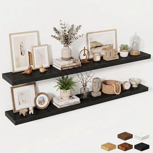 Fun Memories 72 Inch Fireplace Mantel Shelf, 10 Inch Deep Shelves for Display & Wall Storage, Rustic Wood Wall Shelf, Extra Long Floating Shelves for Living Room Laundry Room, Black, Set of 2