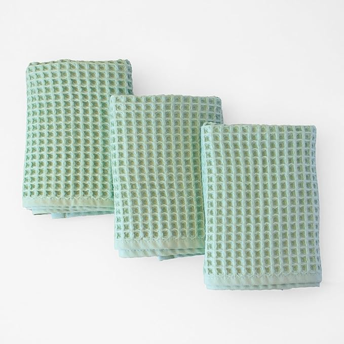 PÜSKÜL - Set of 3 Organic Waffle Hand Towel Ice Green - Premium Quality, 100% Turkish Cotton, Soft, Quick-Dry, Absorbent, Lint-Free Face Kitchen Hand Towels (Ice Green, Hand Towels - Pack of 3)