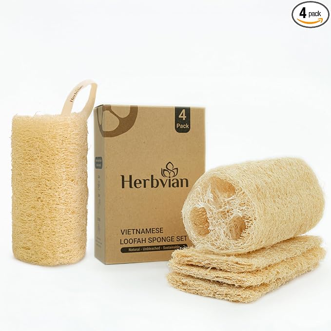 Natural Vietnamese Loofah Sponge, 100% Plant-Based Luffa Exfoliating Body Scrubber for Shower, Multi-Functional for Kitchen, Ideal for Men & Women, Spa & for Pet (Pack 4)