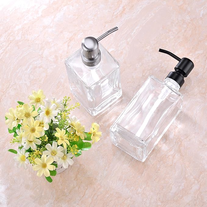 13.5 Oz Clear Glass Soap Dispenser with Rust Proof Stainless Steel Pump, Refillable Liquid Hand Soap Jar for Bathroom, Premium Kitchen Soap Dispenser (Brushed Nickel)