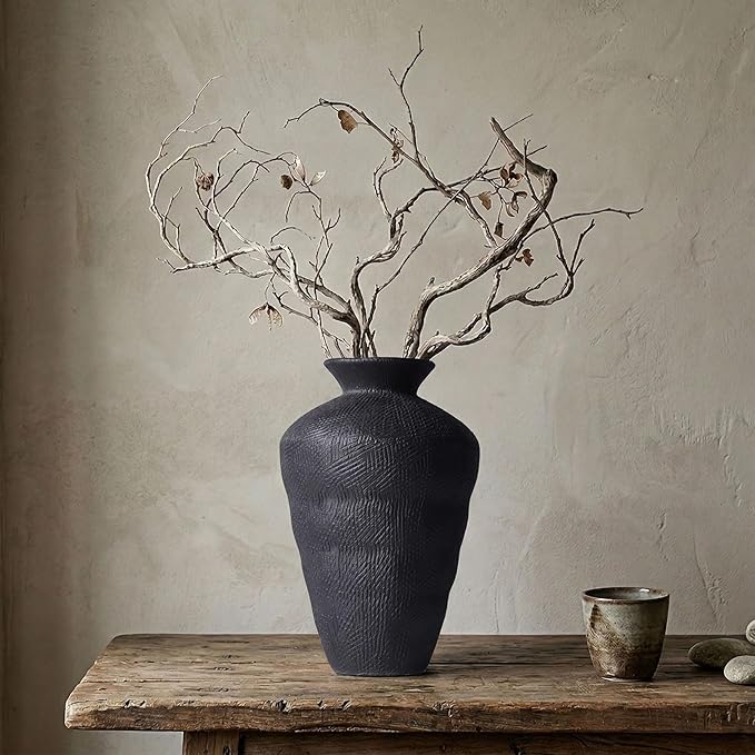 Wabi Sabi Decor Rusty Vintage Vase - 8.7" Tall Rustic Farmhouse Wabi Sabi Vase for Centerpiece, Pottery Stone Flower Vases for Home Decor, Table, Living Room, Bedroom, Bathroom, Kitchen (Black)