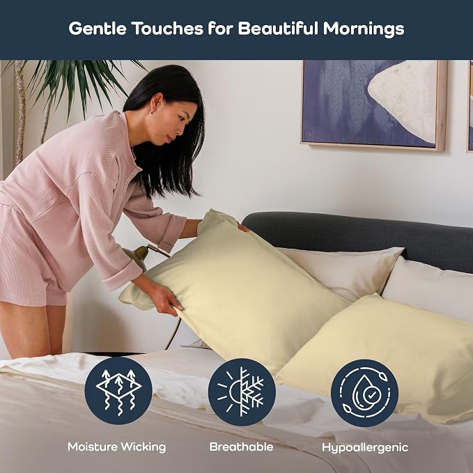 Olive + Crate Tencel Eucalyptus Pillowcases, 100% Tencel Lyocell Cooling Pillow Cases for Hot Sleepers, Hypoallergenic, Moisture-Wicking, Silk Alternative, Vegan, Standard Size Set of 2 [Butter Cream]