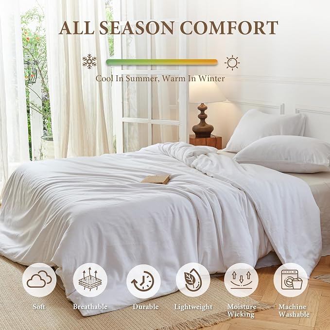 Simple&Opulence Linen Duvet Cover Set Queen Size - French Linen Cotton Woven Blend in White Color, 3 Pieces (1 Comforter Cover 88x92” + 2 Pillowcases), Soft & Breathable All-Season Farmhouse Bedding