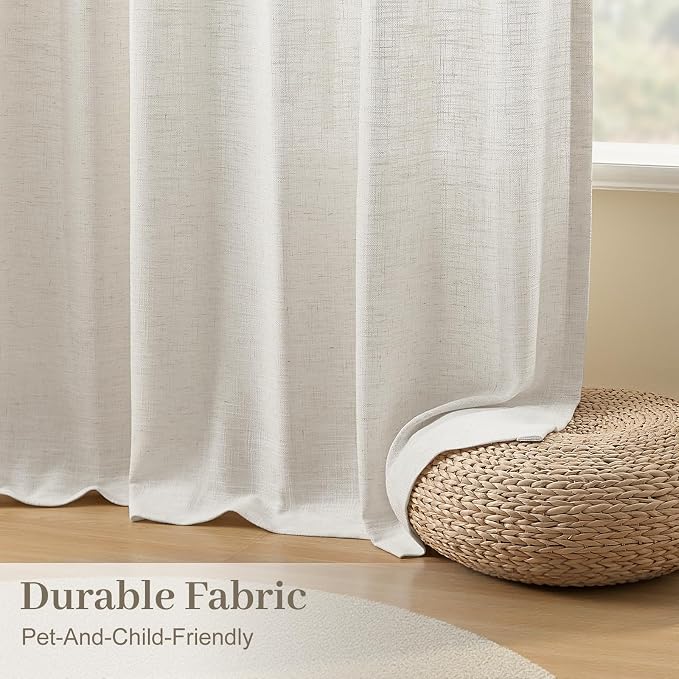 96 Inch Linen Curtains for Living Room, Light Filtering Pinch Pleated Semi Sheer Curtains Rustic Textured Back Tab Drapes with Hooks Rings for Bedroom Dining Room, Beige White, W40xL96, 2 Panel