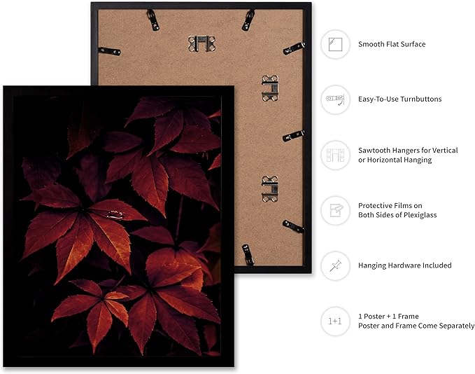 Monem Art Red Autumn Leaves Macro Photography Print - Moody Botanical Nature Poster - Wall Decor for Living Room, Bedroom or Office - 12x16 Black Framed Wall Art by Mareike Bohmer