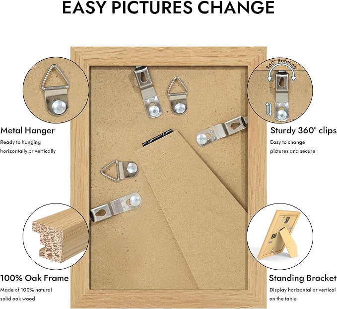 Hongkee 3.5x5 Oak Wood Picture Frame(1 Pack, Natural) with Real Glass Cover | Solid Wood 3.5 x 5 Small Frame for Wall or Tabletop Display - Includes Easel Back, Vertical Hang - Ideal for Home, Office