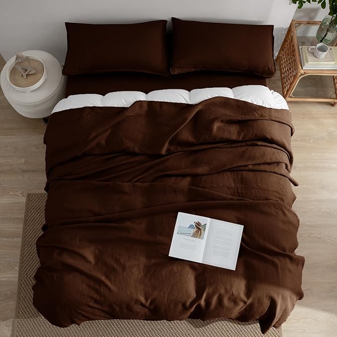 EVERLY Linen Sheets Set Queen Size,100% French Stonewash Pure Linen Sheets Set,4Pieces (1Flat Sheet,1Fitted Sheet,2Pillowcase) Suitable for Hot Sleepers,Deep Pocket Natural Bedding Set-Chocolate