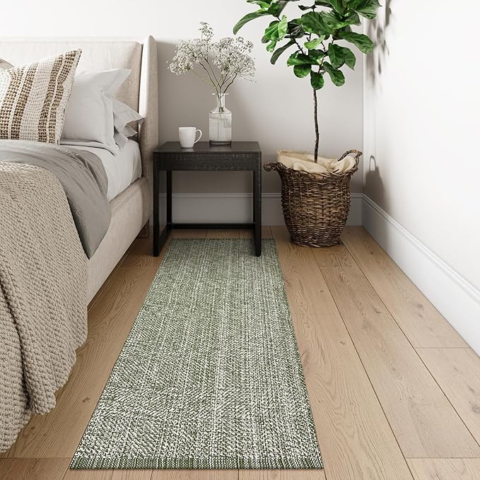 LEEVAN Washable Runner Rug 2'x6', Green Woven Hallway Rugs Reversible Bathroom Rug, Cotton Low Profile Entryway Doormat, Farmhouse Bedroom Rugs Modern Kitchen Runenr Long Carpet Foyer