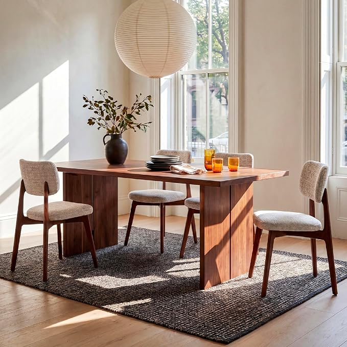 COLAMY Dining Chairs Set of 6, Modern Upholstered Kitchen Room Chairs with Solid Red Oak Wood Legs, 5-Min Easy Assembly Anti-Wobble, High-Weight Fabric Farmhouse Side Chair,300LBS,Walnut,Oatmeal