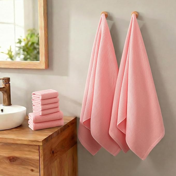 REDKISS Quick Dry Waffle Towel Set of 8, 100% Cotton,Lightweight & Highly Absorbent Waffle Towels for Bathroom, Spa, Gym, Pool-2 Bath Towels, 2 Hand Towels & 4 Washcloths,Pink