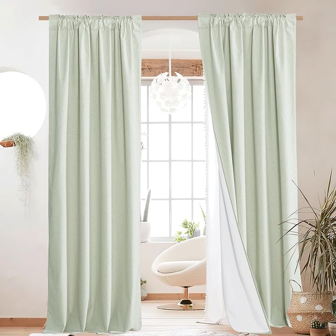 NICETOWN Light Green Blackout Linen Curtains 95" Long, Rod Pocket Back Tab Full Light Blocking Drapes with White Thermal Insulated Liner for Nursery, Hall, Villa (2 Pieces, 52" Wide Each Panel)