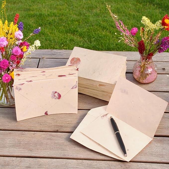 Kathmandu Valley Co. 50 Vintage 4x6 Handmade Lokta Paper Nepali Cherish Greeting Cards & Matching Decorative Flower Petal Envelopes. Folded blank cards. Handmade In Nepal. (Bougainvillea)