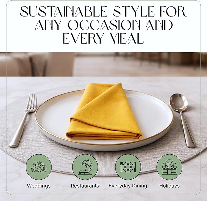 Cloth Napkins Set of 12, 100% Cotton Fabric Reusable Dinner Napkins, 18 x 18 Inch Washable Table & Kitchen Napkins for Everyday Dining, Entertaining, Home & Restaurant Use, Golden Yellow