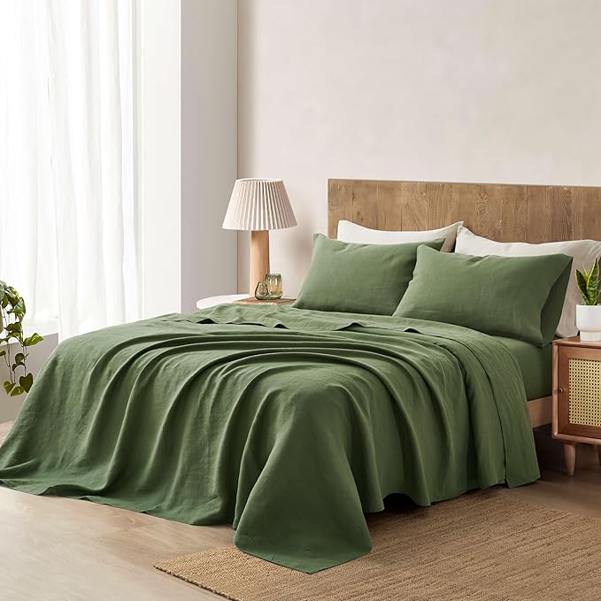 ATLINIA 100% Pure Flax Linen Bedding Set - Stone Washed French Linen Fabric Deep Pocket Fitted Sheet Farmhouse Flat Sheet 2 Pillowcases (Green, Full)