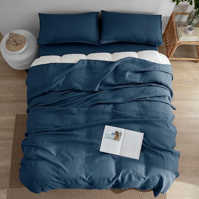EVERLY Linen Sheets Set Twin Size,100% French Stonewash Pure Linen Sheets Set,3Pieces (1Flat Sheet,1Fitted Sheet,1Pillowcase) Suitable for Hot Sleepers,Deep Pocket Bedding Set-Navy Blue